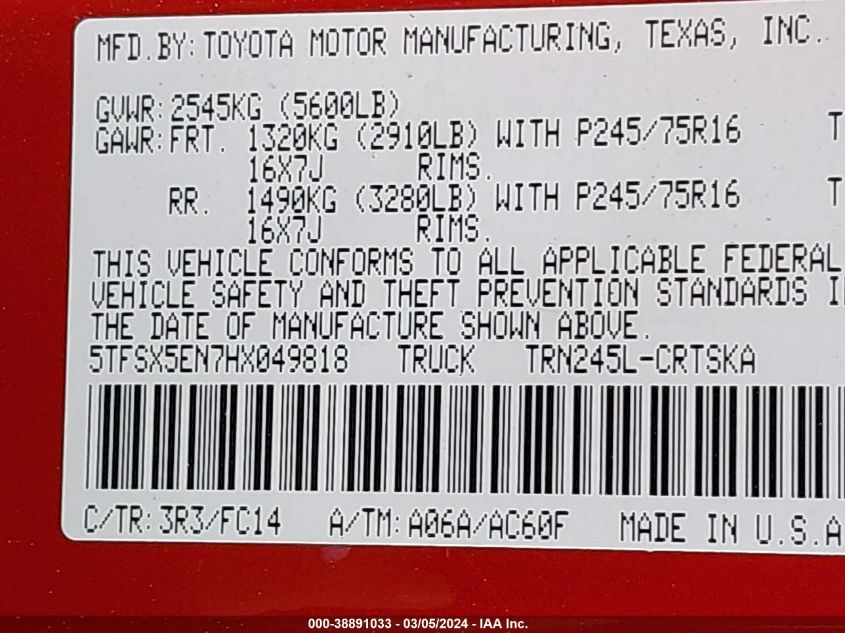 2017 Toyota Tacoma Sr5 VIN: 5TFSX5EN7HX049818 Lot: 38891033