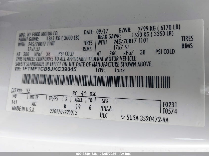 VIN 1FTMF1CB8JKC39045 2018 FORD F-150 XL