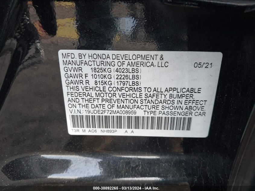 2021 Acura Ilx Premium Package/Technology Package VIN: 19UDE2F72MA008959 Lot: 38892265