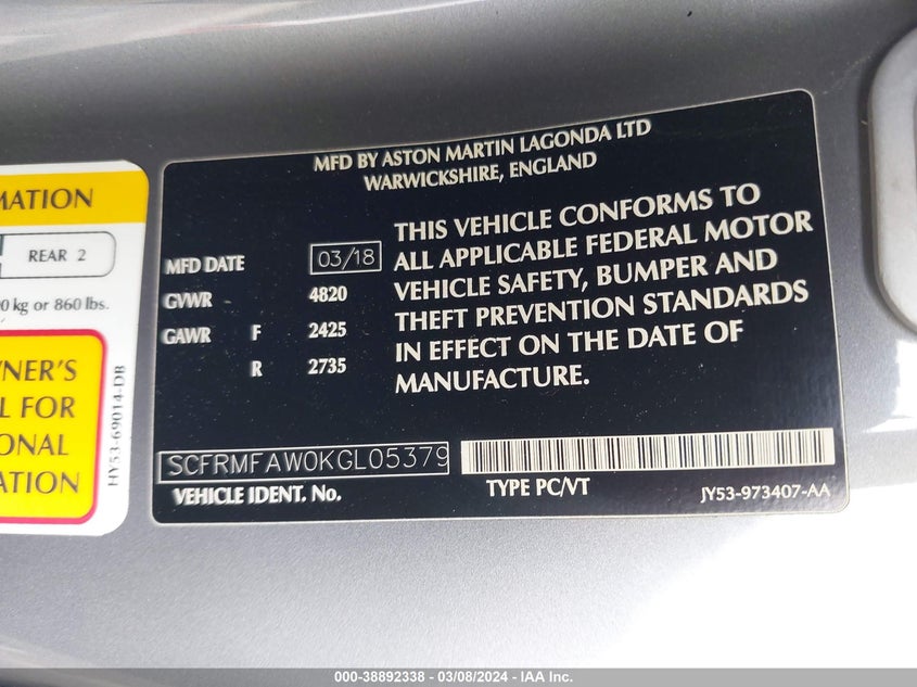 VIN SCFRMFAW0KGL05379 2019 ASTON MARTIN DB11