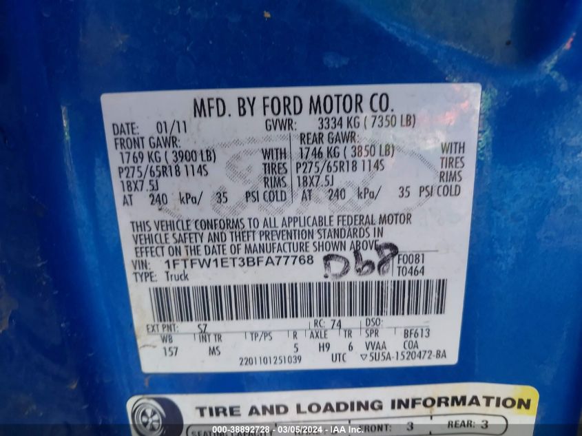 2011 Ford F-150 Xlt VIN: 1FTFW1ET3BFA77768 Lot: 38892728