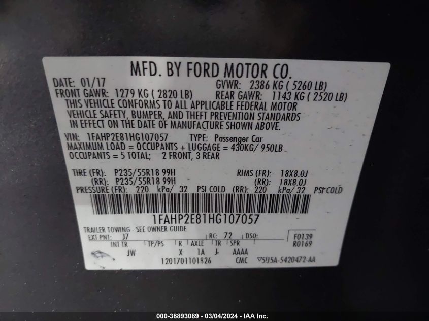 1FAHP2E81HG107057 2017 Ford Taurus Sel