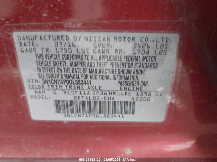 3N1CN7AP0GL883441 2016 Nissan Versa 1.6 Sv