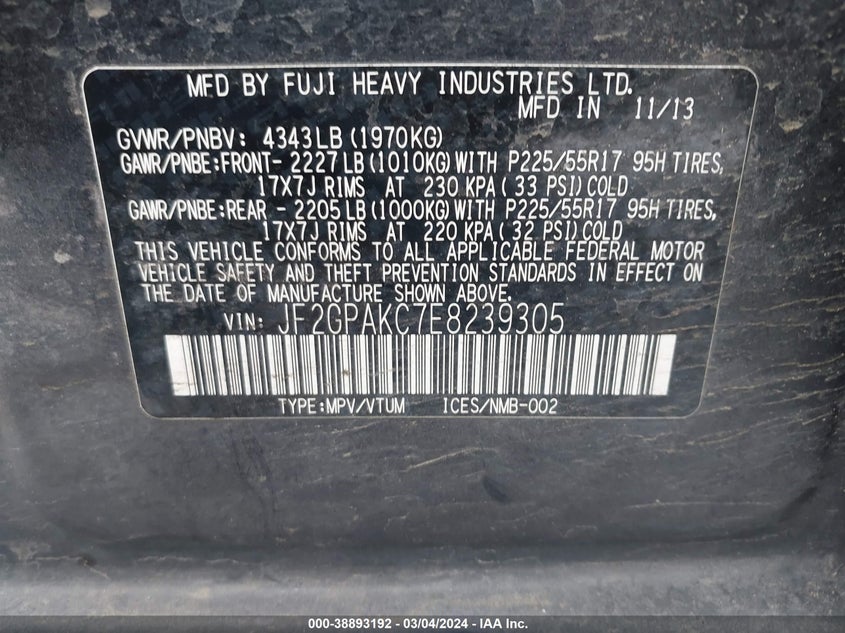 2014 SUBARU XV CROSSTREK 2.0 LIMITED - JF2GPAKC7E8239305