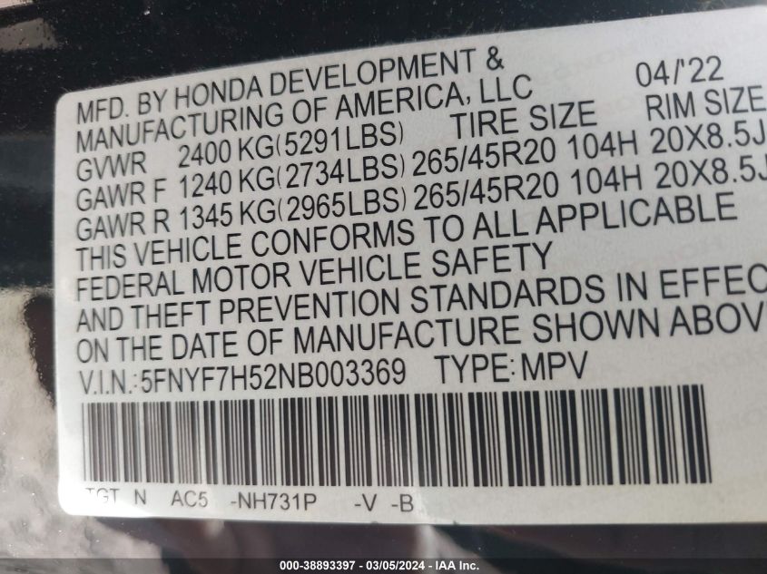 2022 Honda Passport 2Wd Ex-L VIN: 5FNYF7H52NB003369 Lot: 38893397