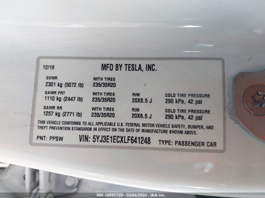 2020 TESLA MODEL 3 VIN: 5YJ3E1ECXLF641248