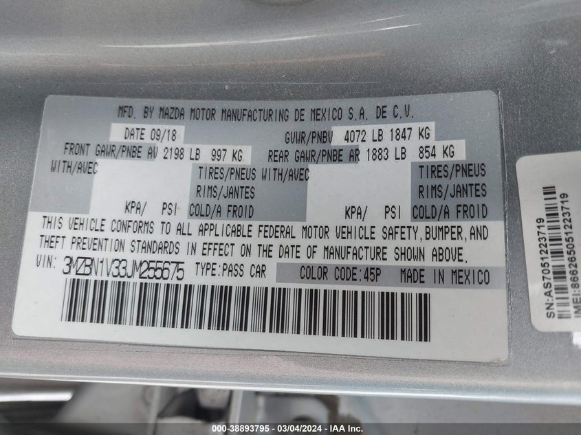 2018 MAZDA MAZDA3 TOURING - 3MZBN1V33JM255675