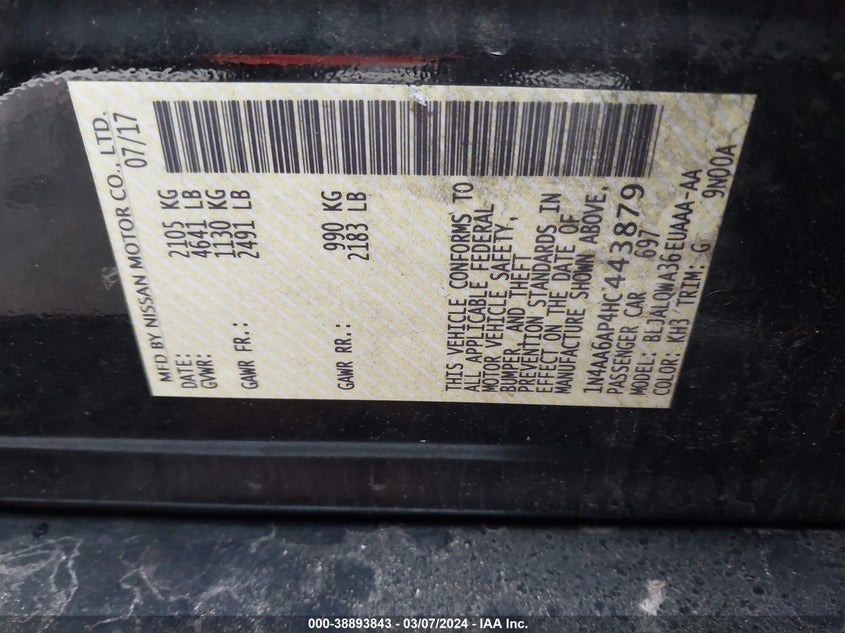 2017 NISSAN MAXIMA 3.5 S - 1N4AA6AP4HC443879