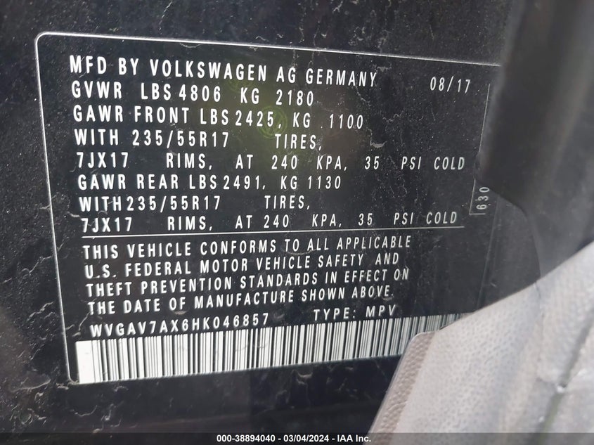 VIN WVGAV7AX6HK046857 2017 VOLKSWAGEN TIGUAN S/LIMITED