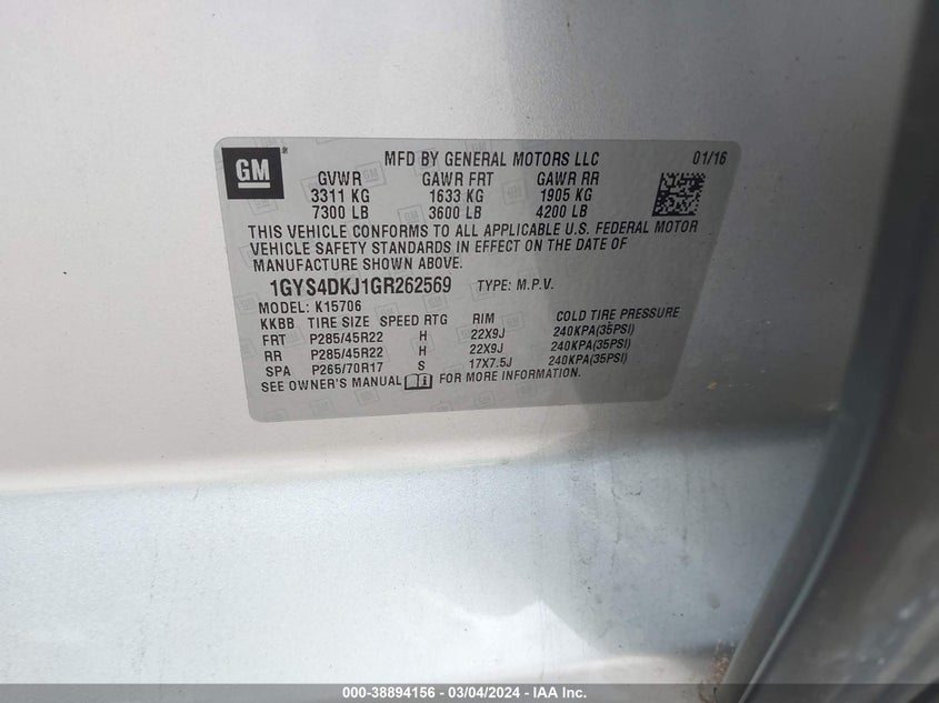 2016 CADILLAC ESCALADE PLATINUM - 1GYS4DKJ1GR262569