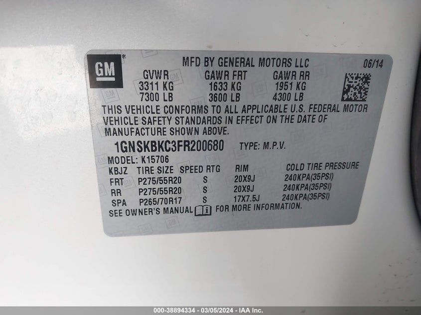 2015 CHEVROLET TAHOE K1500 LT - 1GNSKBKC3FR200680