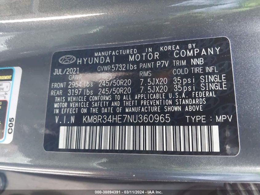 KM8R34HE7NU360965 2022 Hyundai Palisade Sel