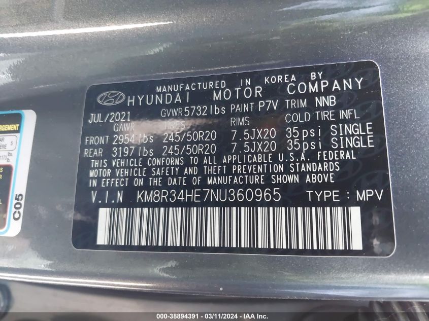 2022 Hyundai Palisade Sel VIN: KM8R34HE7NU360965 Lot: 38894391