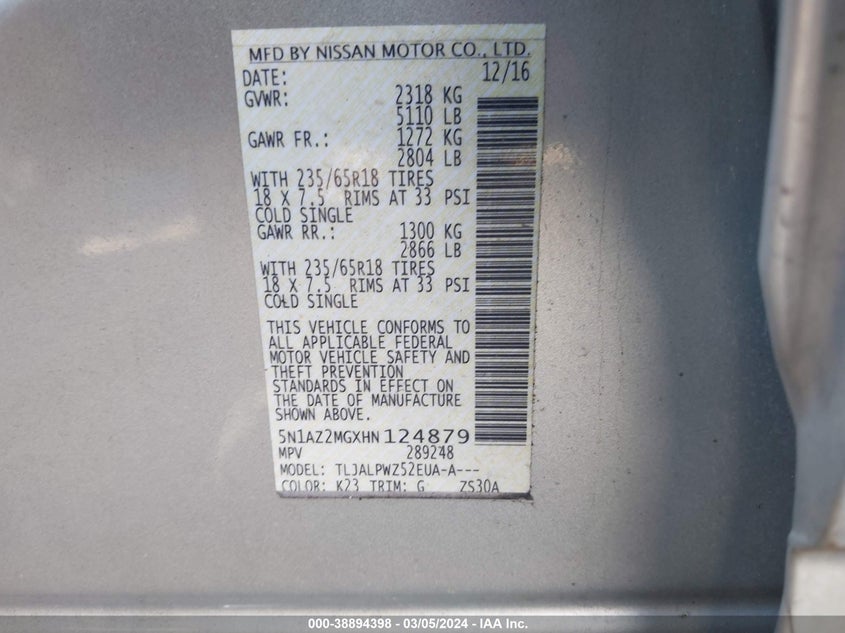 2017 NISSAN MURANO VIN: 5N1AZ2MGXHN124879