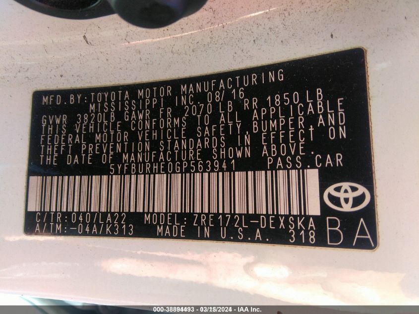 2016 TOYOTA COROLLA - 5YFBURHE0GP563941