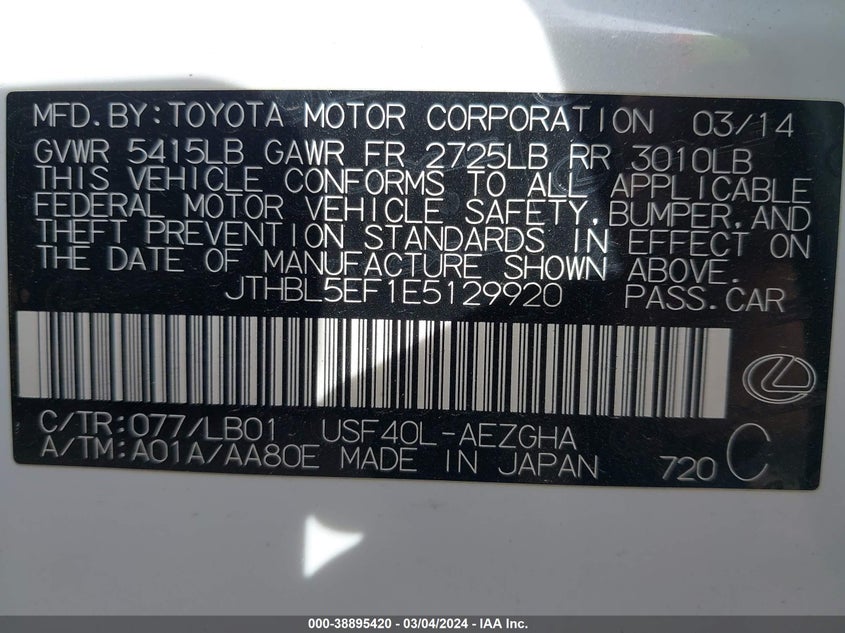 2014 LEXUS LS 460 460 - JTHBL5EF1E5129920