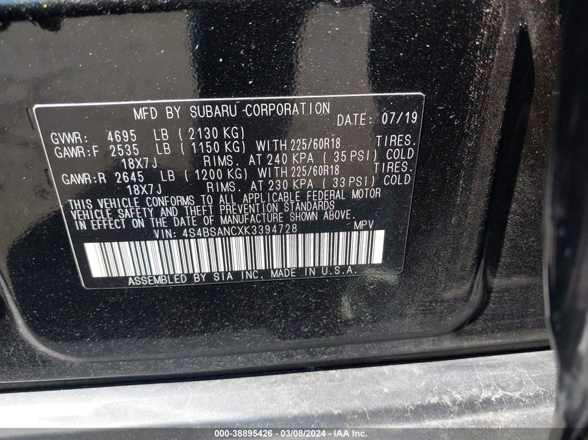 2019 SUBARU OUTBACK VIN: 4S4BSANCXK3394728
