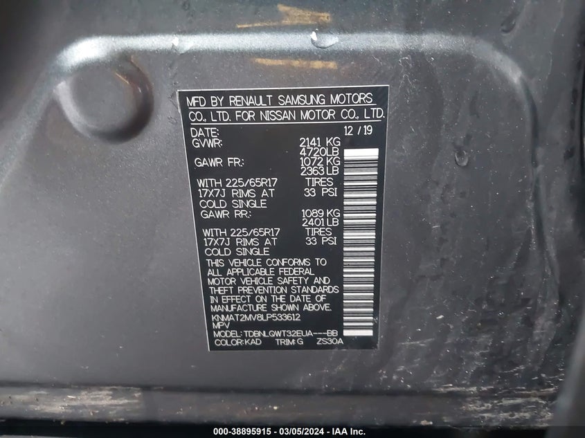 VIN KNMAT2MV8LP533612 2020 NISSAN ROGUE SV INTELLIGENT AWD