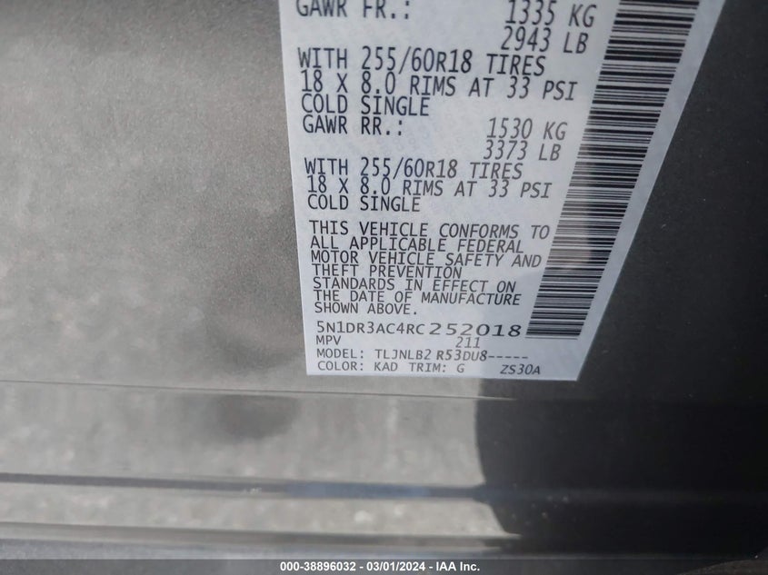 VIN 5N1DR3AC4RC252018 2024 NISSAN PATHFINDER S 4WD