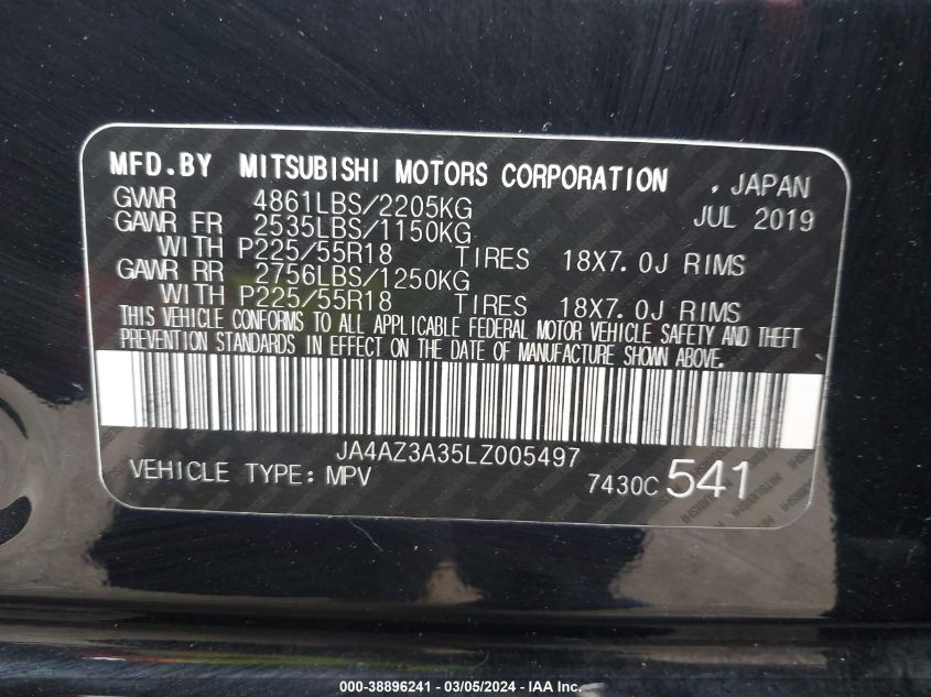 2020 Mitsubishi Outlander Sel 2.4 S-Awc VIN: JA4AZ3A35LZ005497 Lot: 38896241