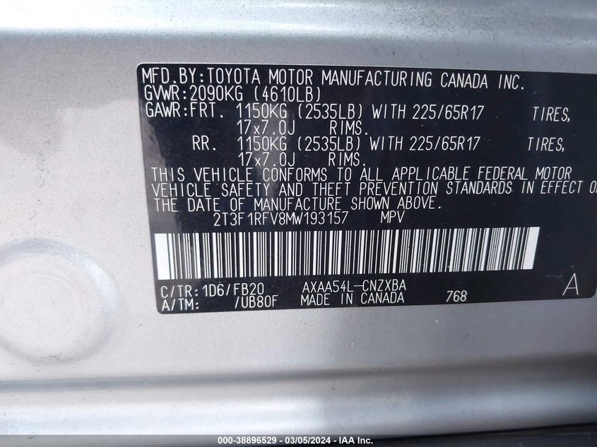 VIN 2T3F1RFV8MW193157 2021 TOYOTA RAV4 LE