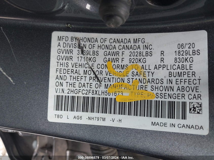 VIN 2HGFC2F8XLH561673 2020 HONDA CIVIC SPORT