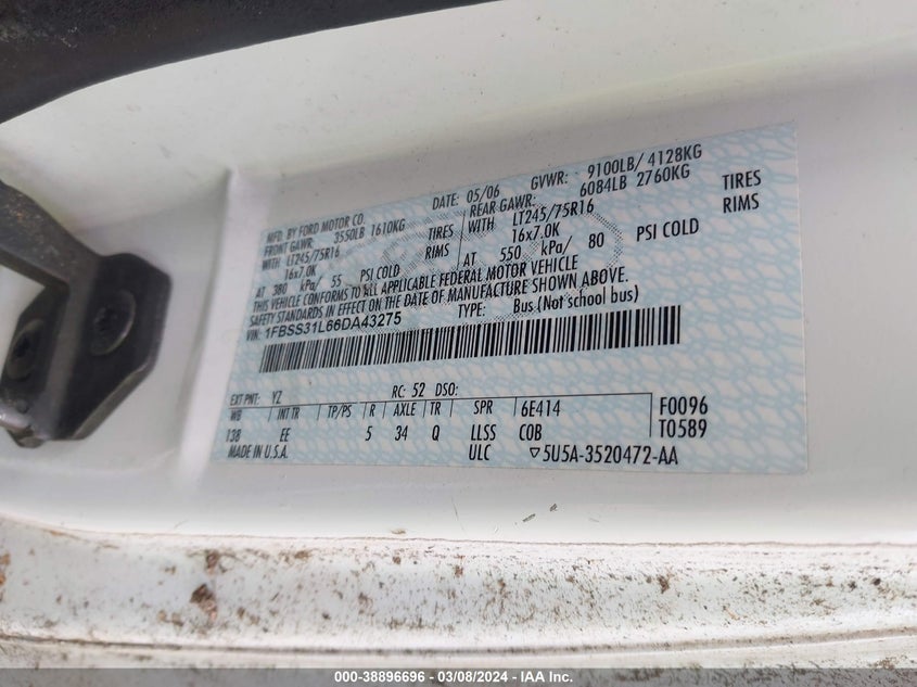 2006 Ford E-350 Super Duty Xl/Xlt VIN: 1FBSS31L66DA43275 Lot: 38896696