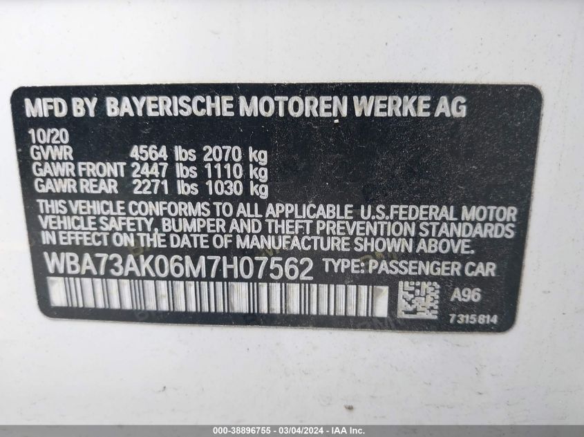 2021 BMW 228I GRAN COUPE XDRIVE WBA73AK06M7H07562