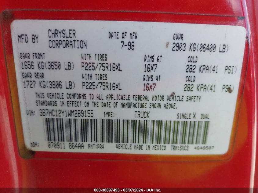 1998 Dodge Ram 1500 St VIN: 3B7HC12Y1WM289155 Lot: 38897493