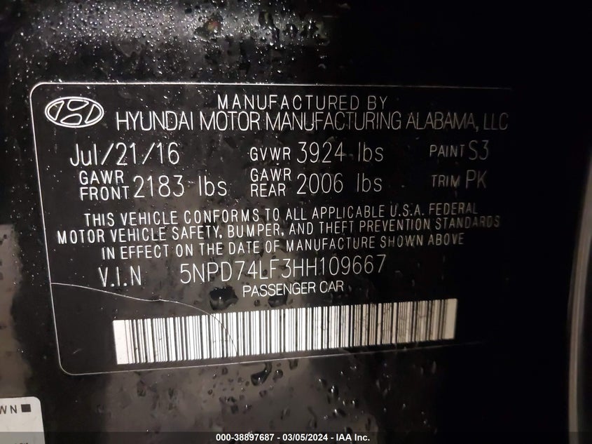 VIN 5NPD74LF3HH109667 2017 HYUNDAI ELANTRA SE
