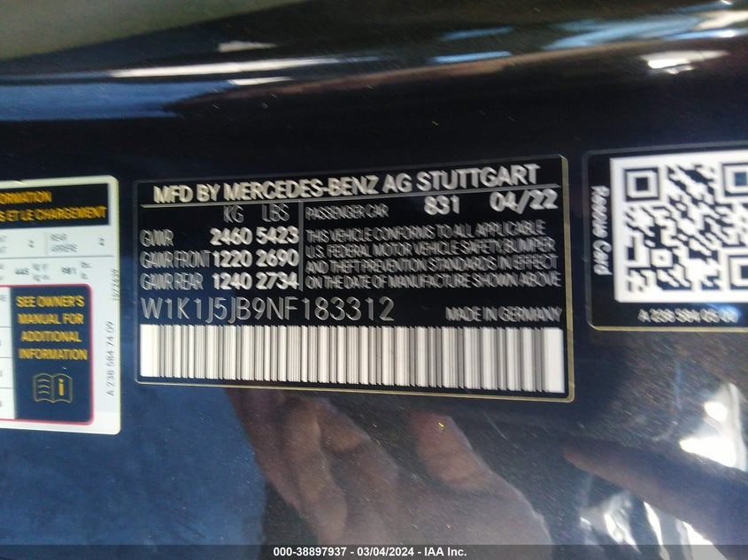 2022 MERCEDES-BENZ E 450 VIN: W1K1J5JB9NF183312