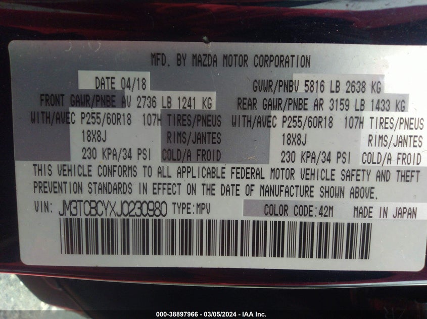 2018 MAZDA CX-9 TOURING - JM3TCBCYXJ0230980