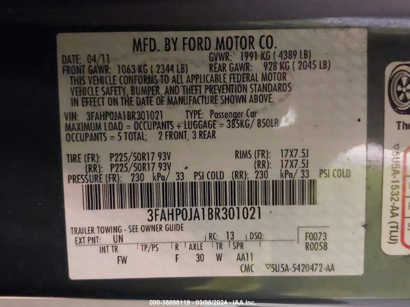 2011 Ford Fusion Sel VIN: 3FAHP0JA1BR301021 Lot: 38898119