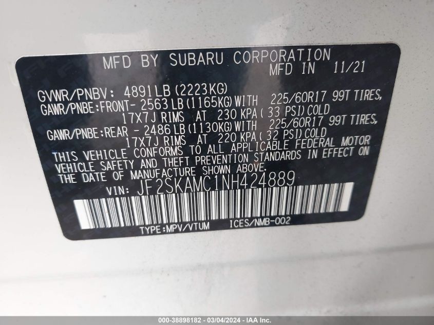 2022 Subaru Forester Wilderness VIN: JF2SKAMC1NH424889 Lot: 38898182