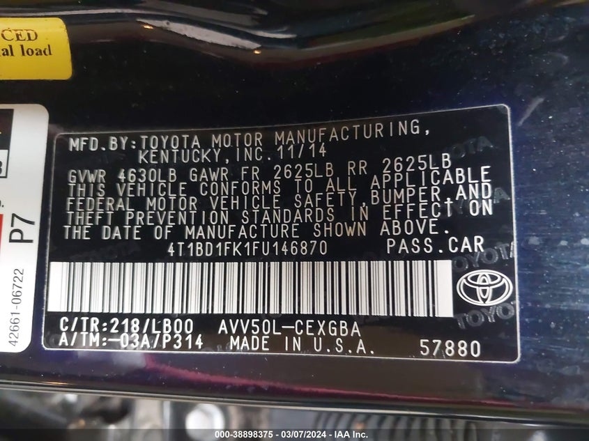 2015 TOYOTA CAMRY HYBRID HYBRID/LE/XLE/SE - 4T1BD1FK1FU146870
