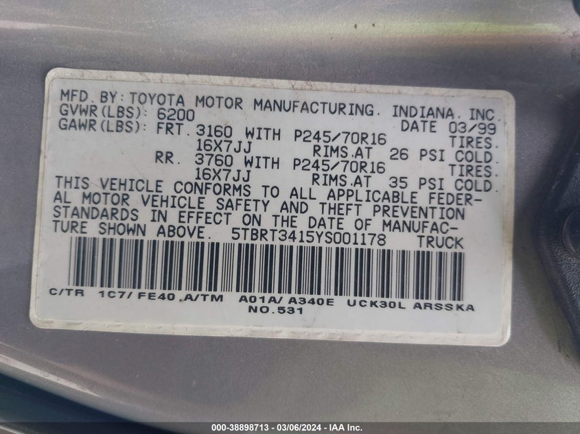 5TBRT3415YS001178 2000 Toyota Tundra Access Cab/Access Cab Sr5