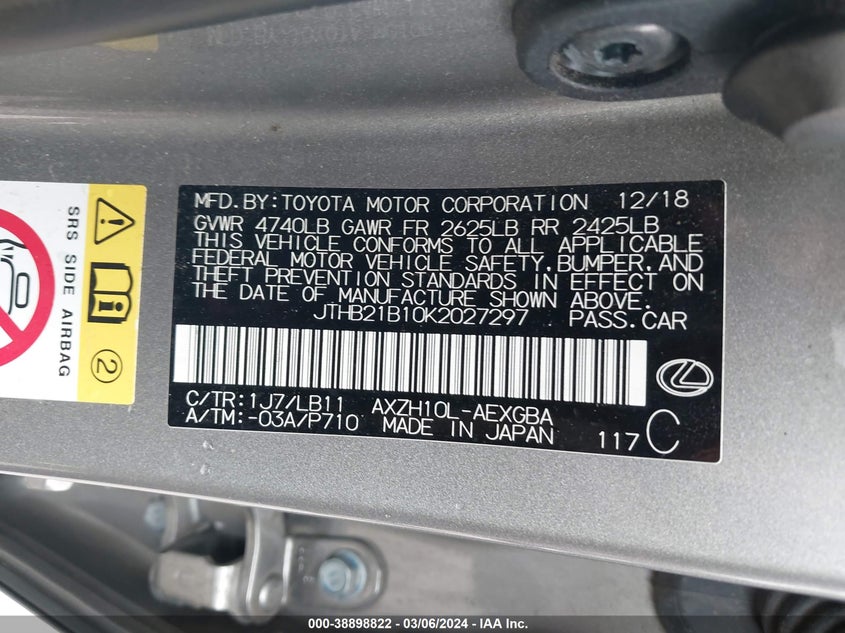 2019 LEXUS ES 300H VIN: JTHB21B10K2027297