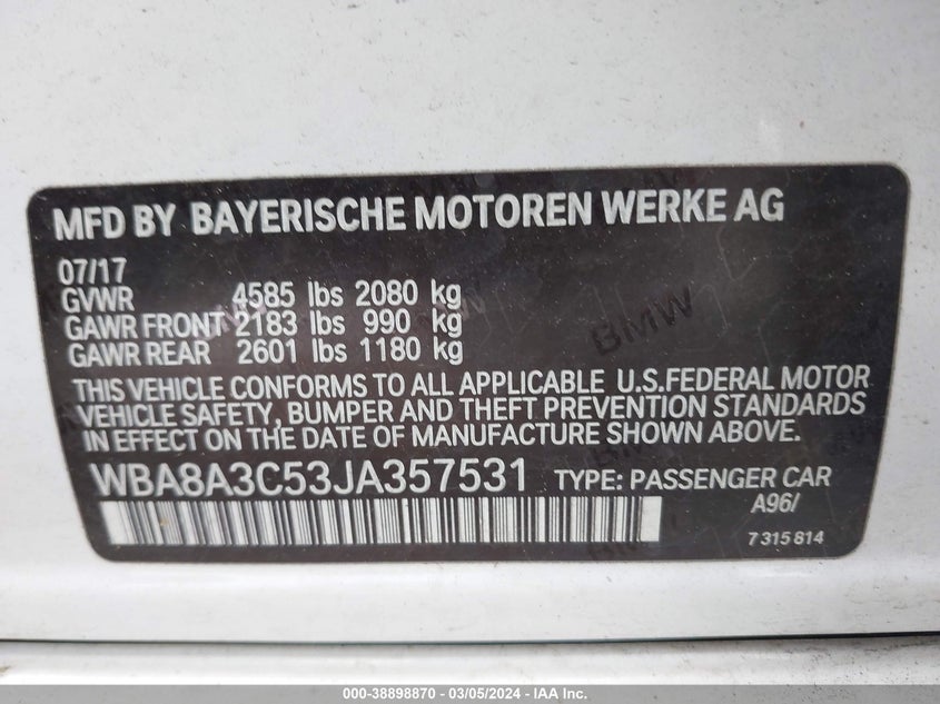 2018 BMW 320I XDRIVE VIN: WBA8A3C53JA357531