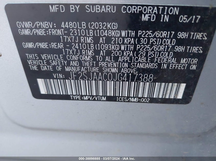 VIN JF2SJAAC0JG417388 2018 SUBARU FORESTER 2.5I