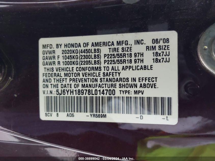 2008 Honda Element Sc VIN: 5J6YH18978L014700 Lot: 38899042