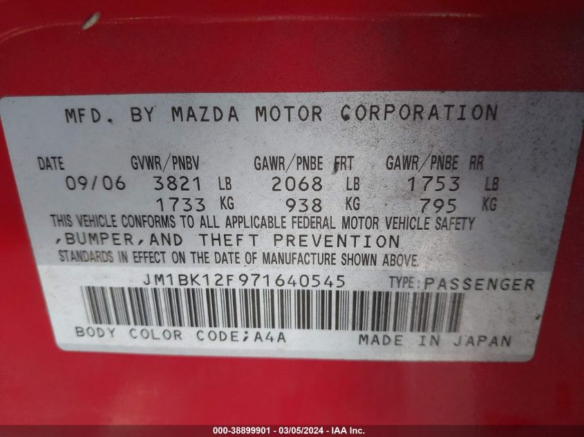 2007 Mazda Mazda3 I VIN: JM1BK12F971640545 Lot: 38899901