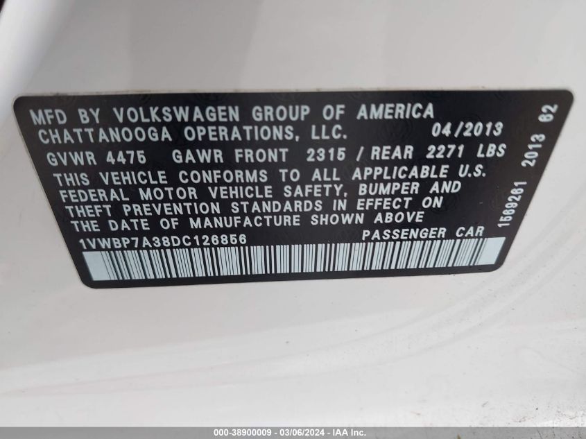 2013 Volkswagen Passat 2.5L Se VIN: 1VWBP7A38DC126856 Lot: 38900009