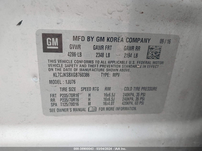 2016 CHEVROLET TRAX 1LS - KL7CJKSBXGB760386