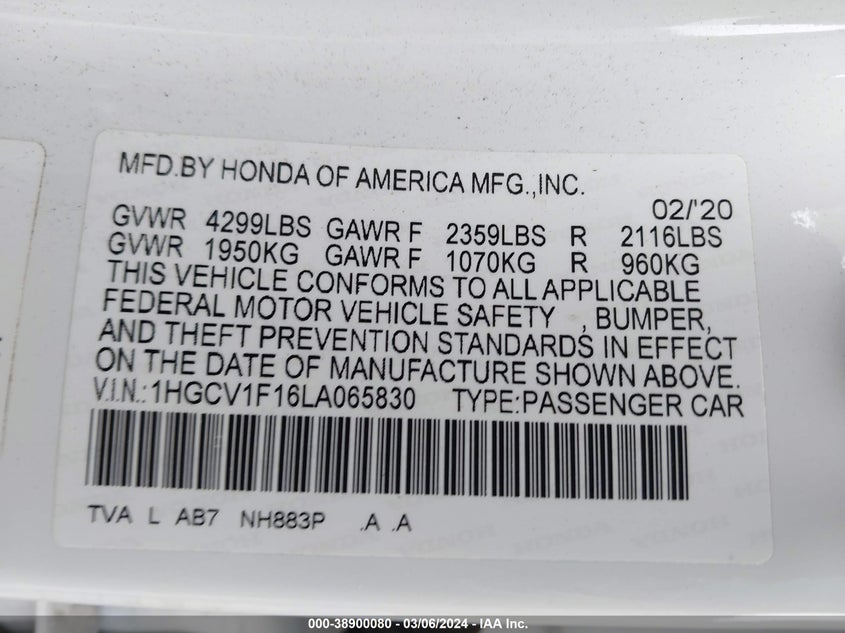 VIN 1HGCV1F16LA065830 2020 HONDA ACCORD LX