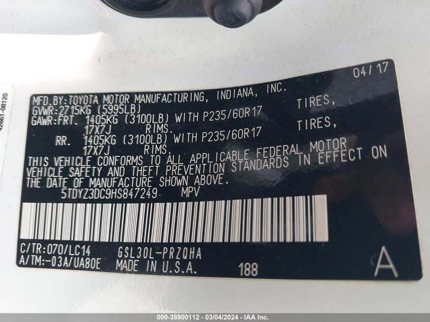 VIN 5TDYZ3DC9HS847249 2017 TOYOTA SIENNA XLE PREMIUM 8 PASSENGER