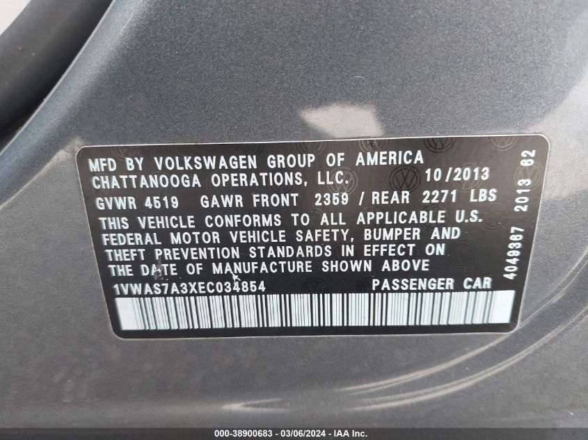 2014 Volkswagen Passat 1.8T S VIN: 1VWAS7A3XEC034854 Lot: 38900683