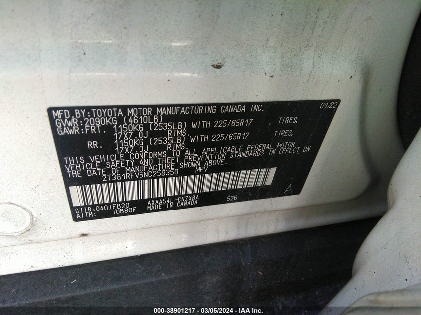 2022 TOYOTA RAV4 2.5L I-4 DI, DOHC, V(VIN: 2T3G1RFV5NC259350