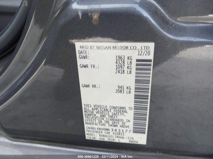 2021 NISSAN ALTIMA 2.5L I-4 DI, DOHC, V(VIN: 1N4BL4BV0MN343177