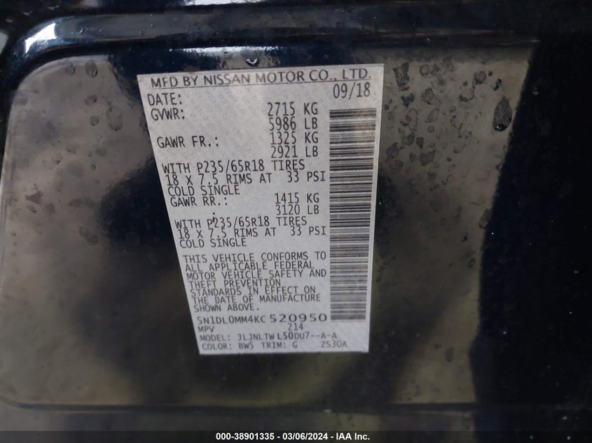 VIN 5N1DL0MM4KC520950 2019 INFINITI QX60 LUXE
