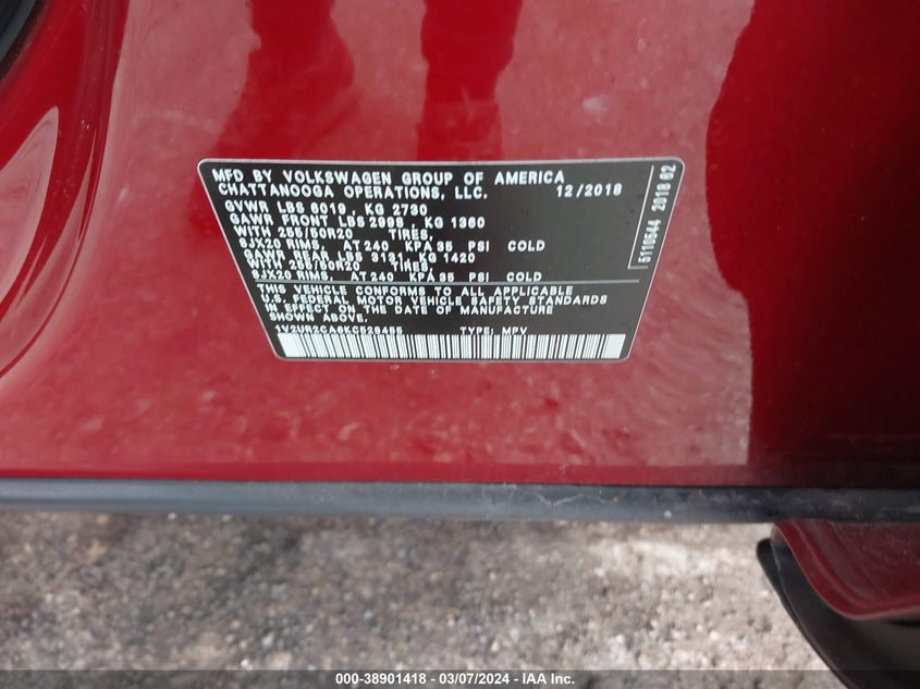 VIN 1V2UR2CA6KC528455 2019 VOLKSWAGEN ATLAS 3.6L V6 SE W/TECHNOLOGY